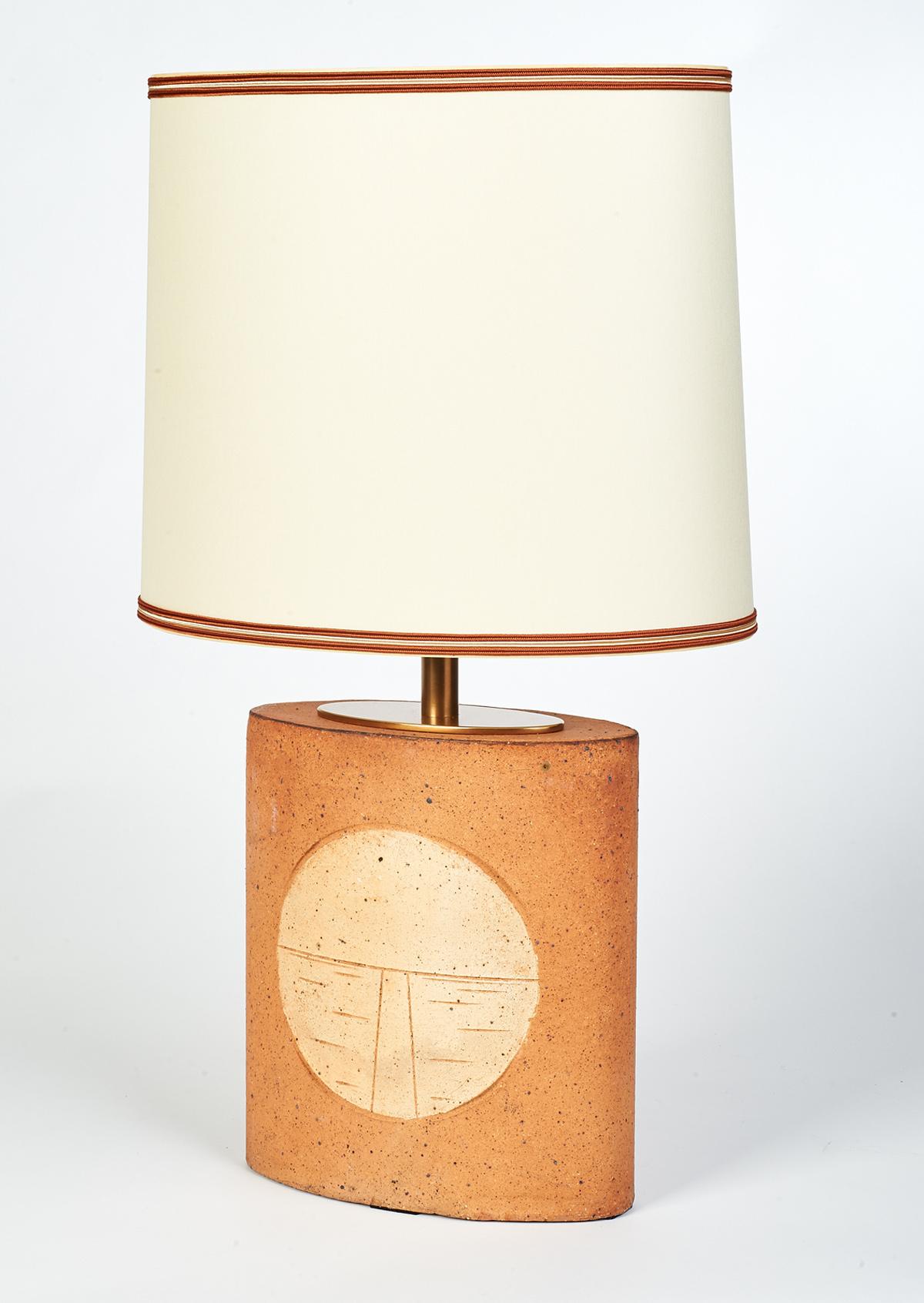 France, 1970s
A pair of unglazed oval ceramic table lamps incised with abstract geometric motifs.
The other lamp in the pair is the same model but a different geometric motif  (see last two images)
Sold and priced individually
Dimensions: 23 H x 13
