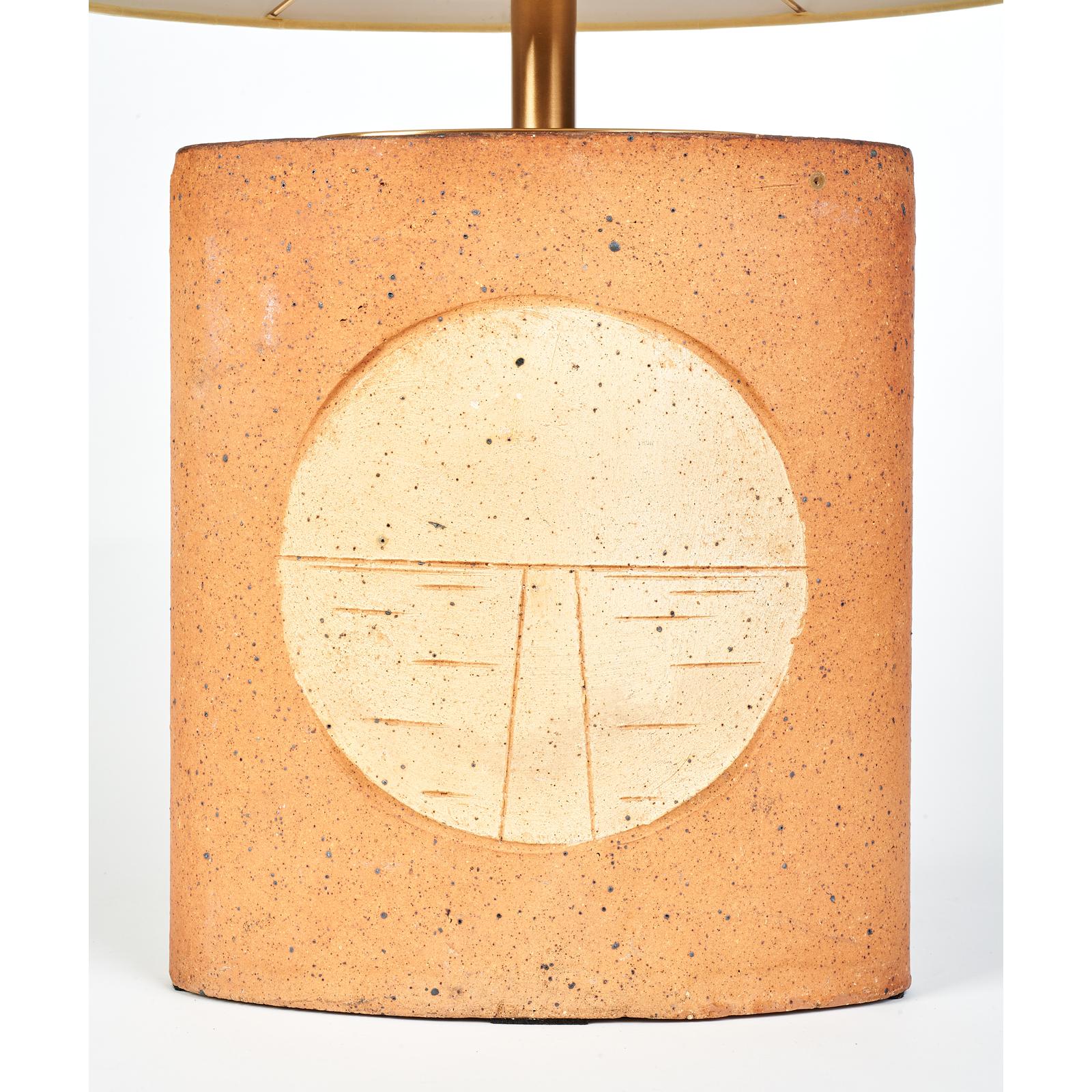 Late 20th Century Two Oval Ceramic Lamps with Incised Geometric Motif, France, 1970s For Sale