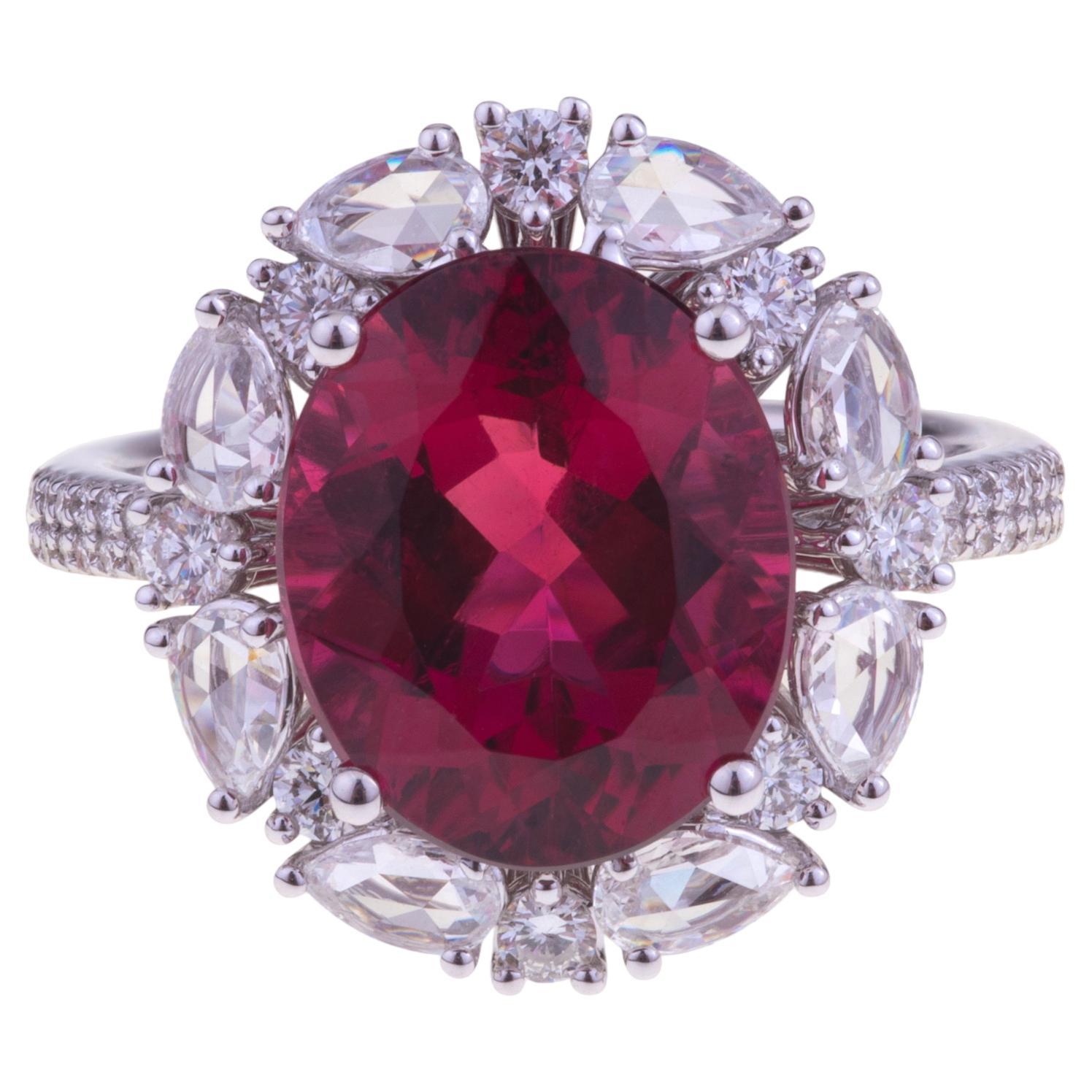 Oval Certified Rubellite Ring White Gold with Diamonds For Sale