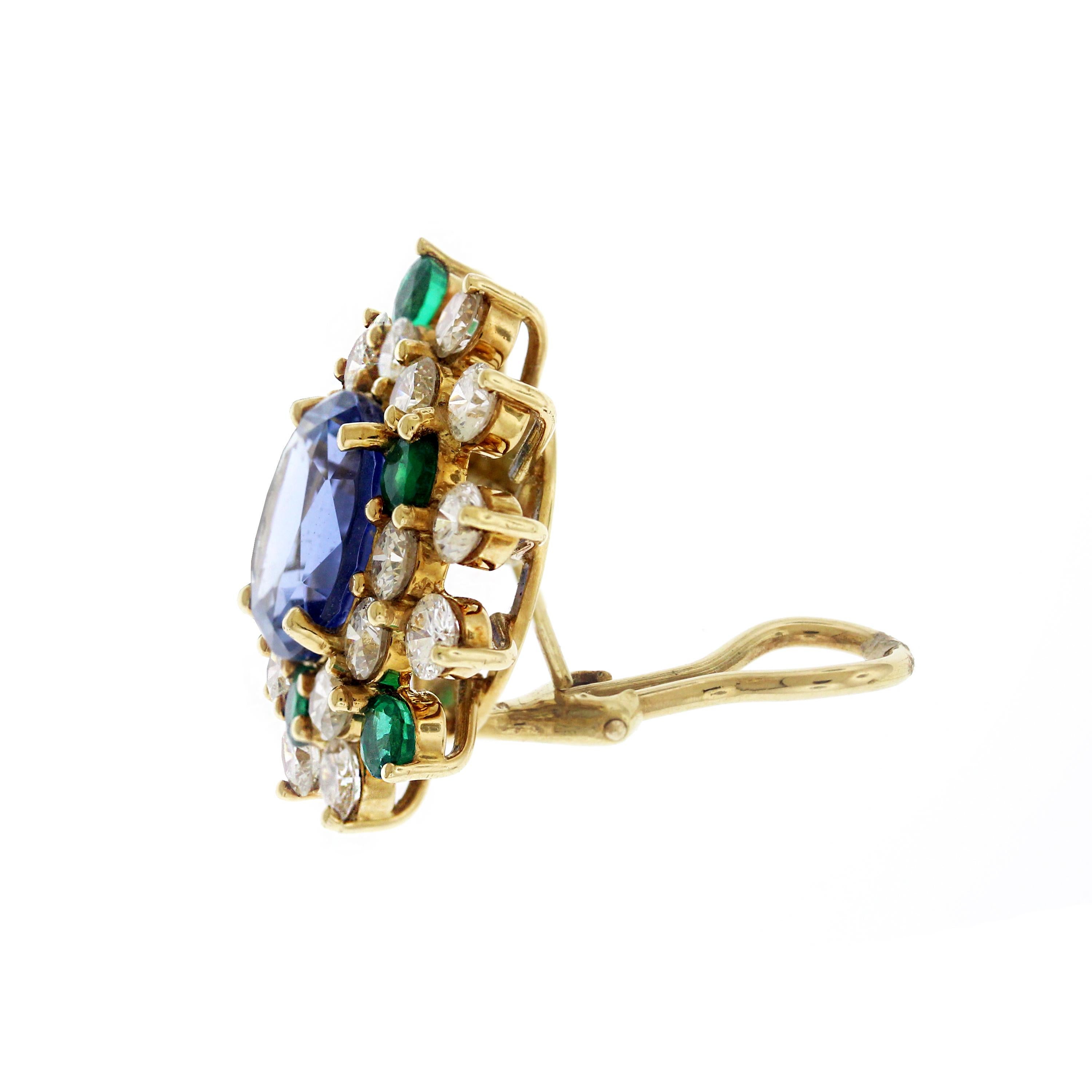 Oval Cut Oval Ceylon Blue Round Green Sapphires Diamond 18K Yellow Gold Stud Earrings
