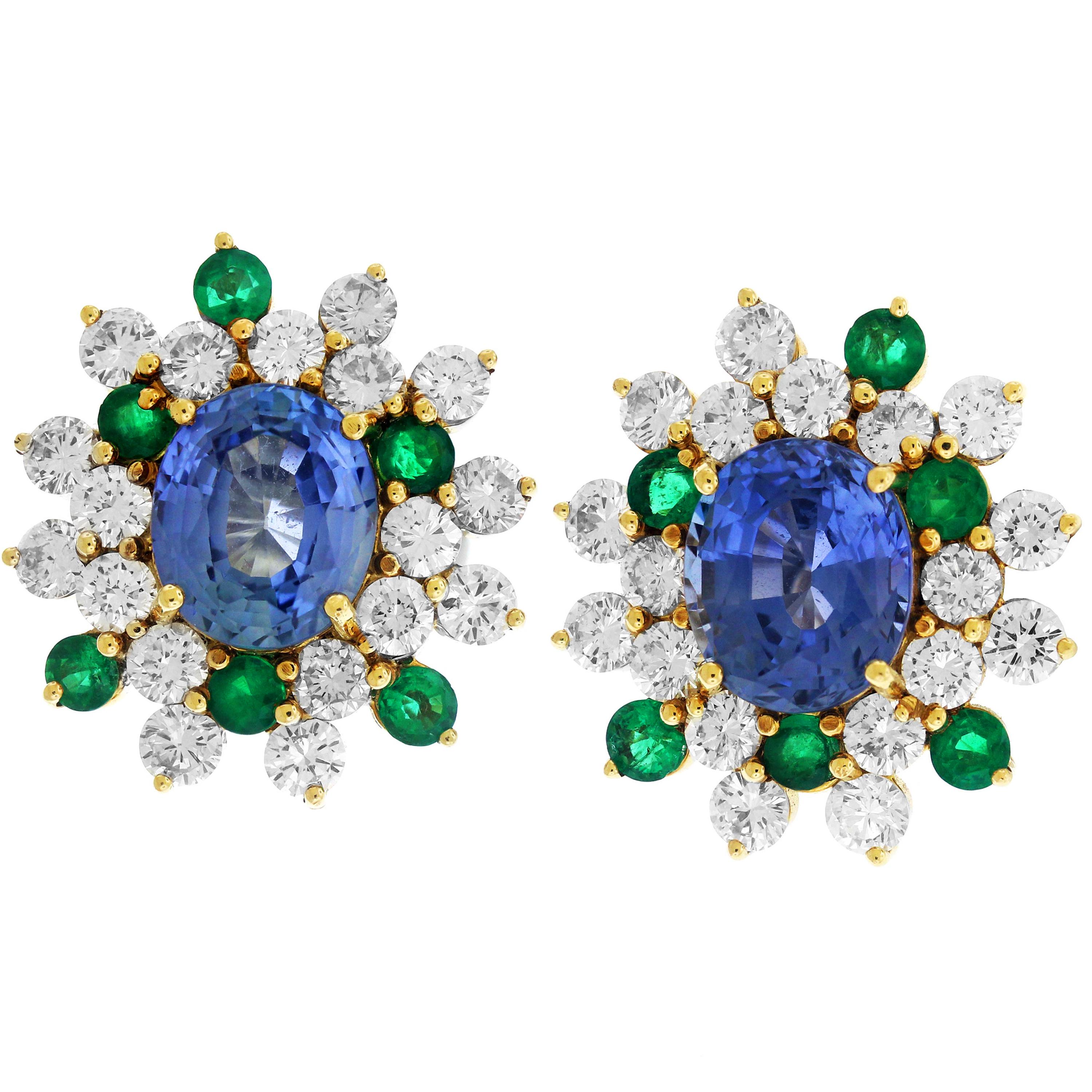 Oval Ceylon Blue Round Green Sapphires Diamond 18K Yellow Gold Stud Earrings In Excellent Condition In Boca Raton, FL