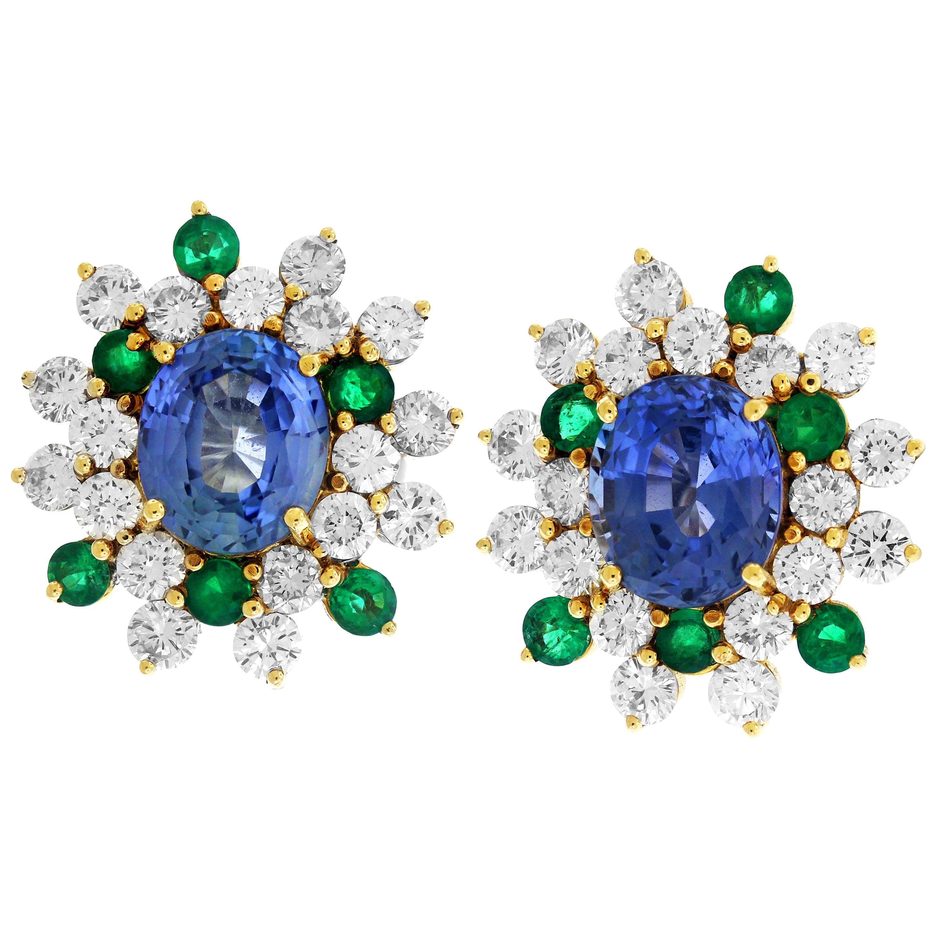 Oval Ceylon Blue Round Green Sapphires Diamond 18K Yellow Gold Stud Earrings