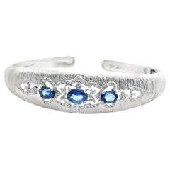 Oval Ceylon Sapphire 18k White Gold Diamond Rigato Cuff Bangle Bracelet