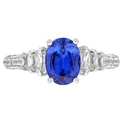Oval Ceylon Sapphire and Baguette Diamond Engagement Ring in 14K White Gold