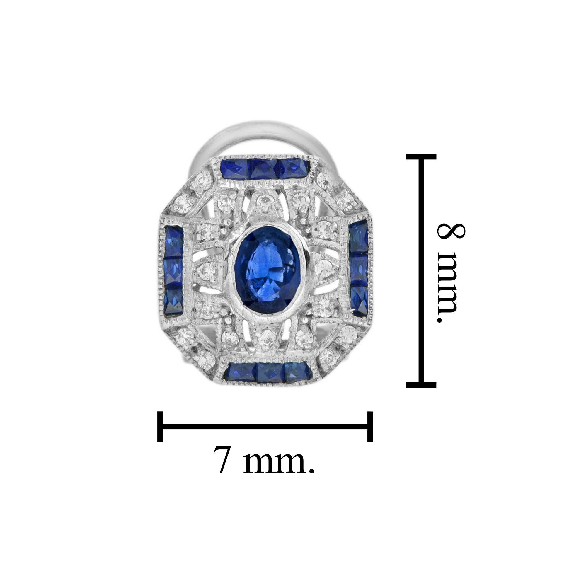 Art Deco Oval Ceylon Sapphire and Diamond Stud Earrings in 14K White Gold For Sale