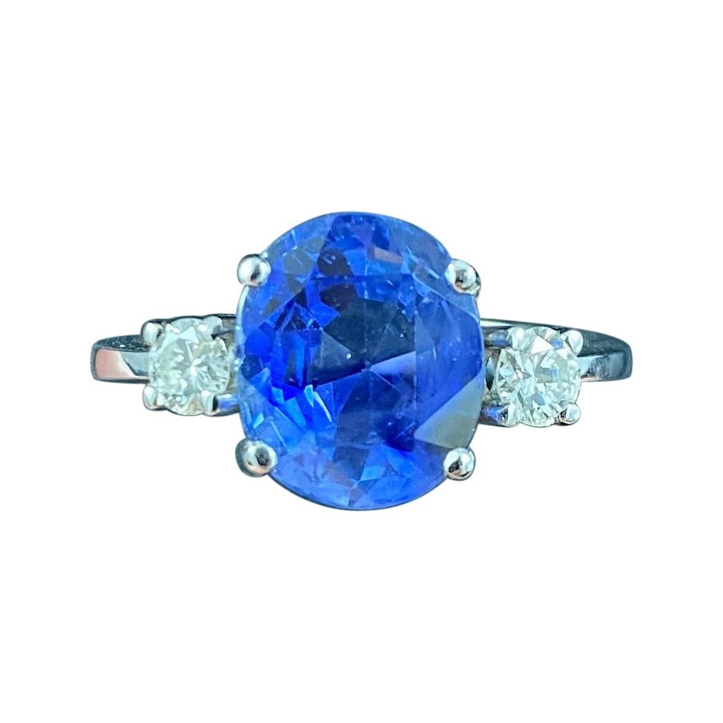 Oval Ceylon Sapphire Round Diamond Three Stone Engagement Ring White Gold For Sale
