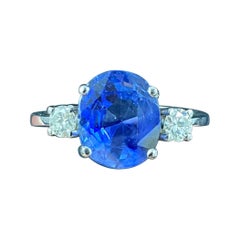 Oval Ceylon Sapphire Round Diamond Three Stone Engagement Ring White Gold