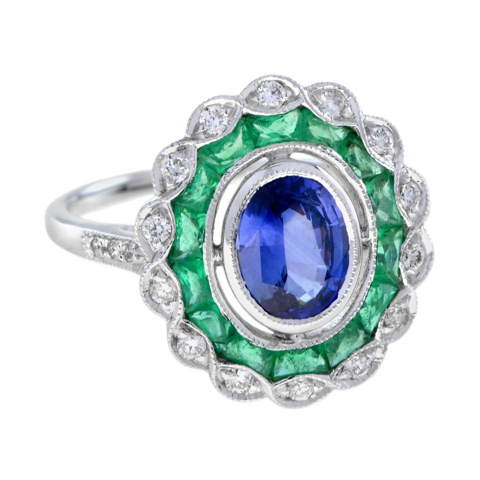 Oval Cut Oval Ceylon Sapphire with Emerald Diamond Art Deco Style Halo Ring in White Gold For Sale