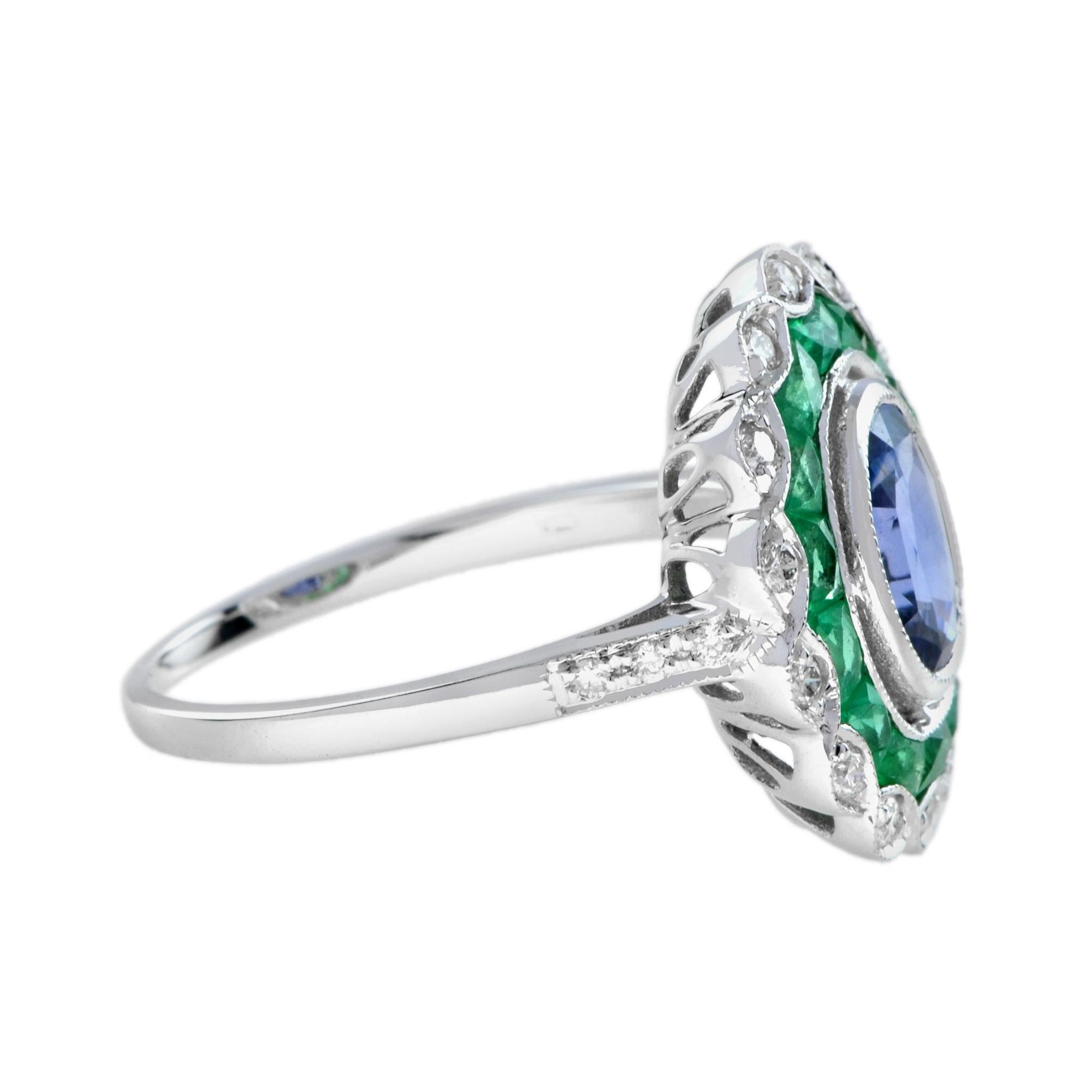 Oval Ceylon Sapphire with Emerald Diamond Art Deco Style Halo Ring in White Gold In New Condition For Sale In Bangkok, TH