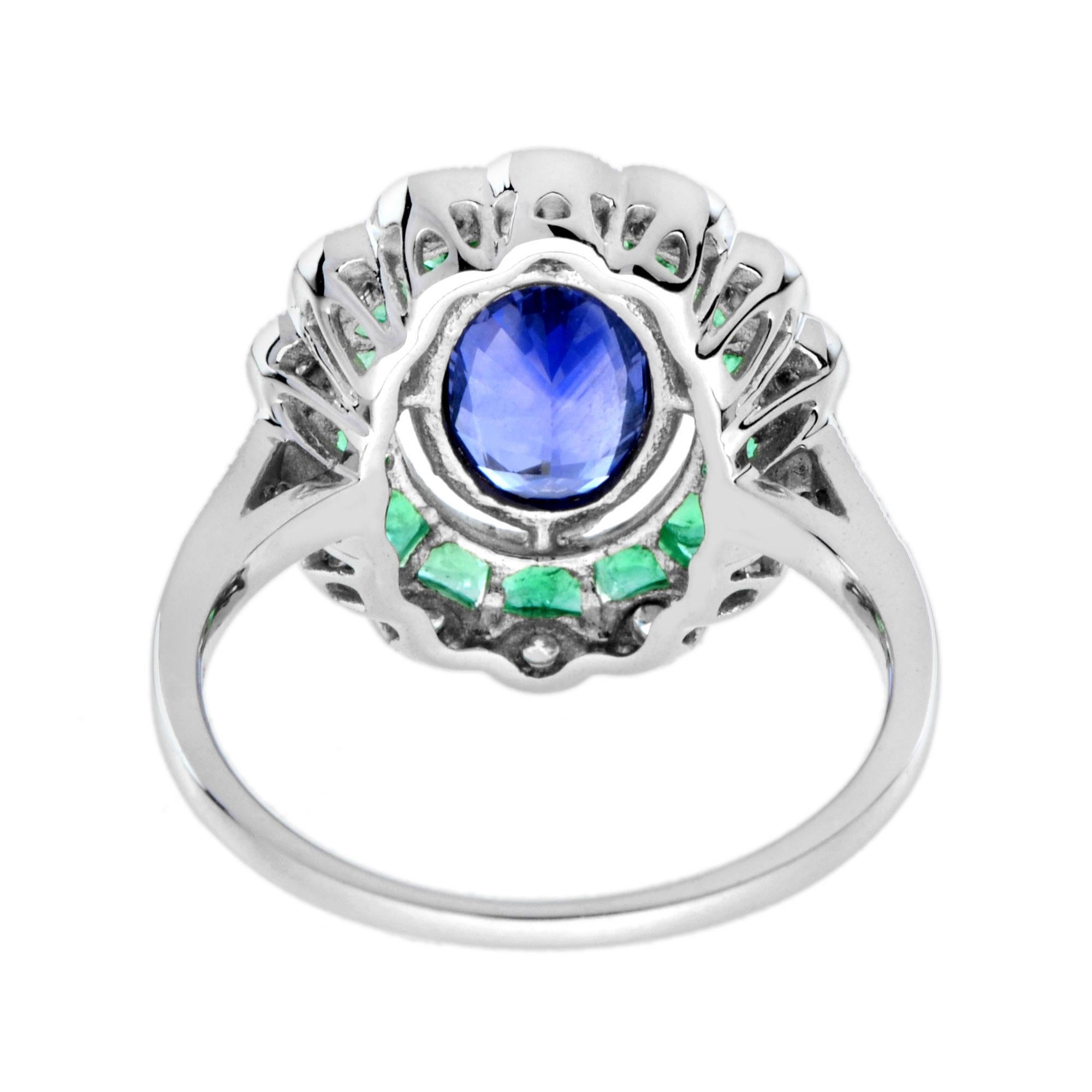 Women's or Men's Oval Ceylon Sapphire with Emerald Diamond Art Deco Style Halo Ring in White Gold For Sale