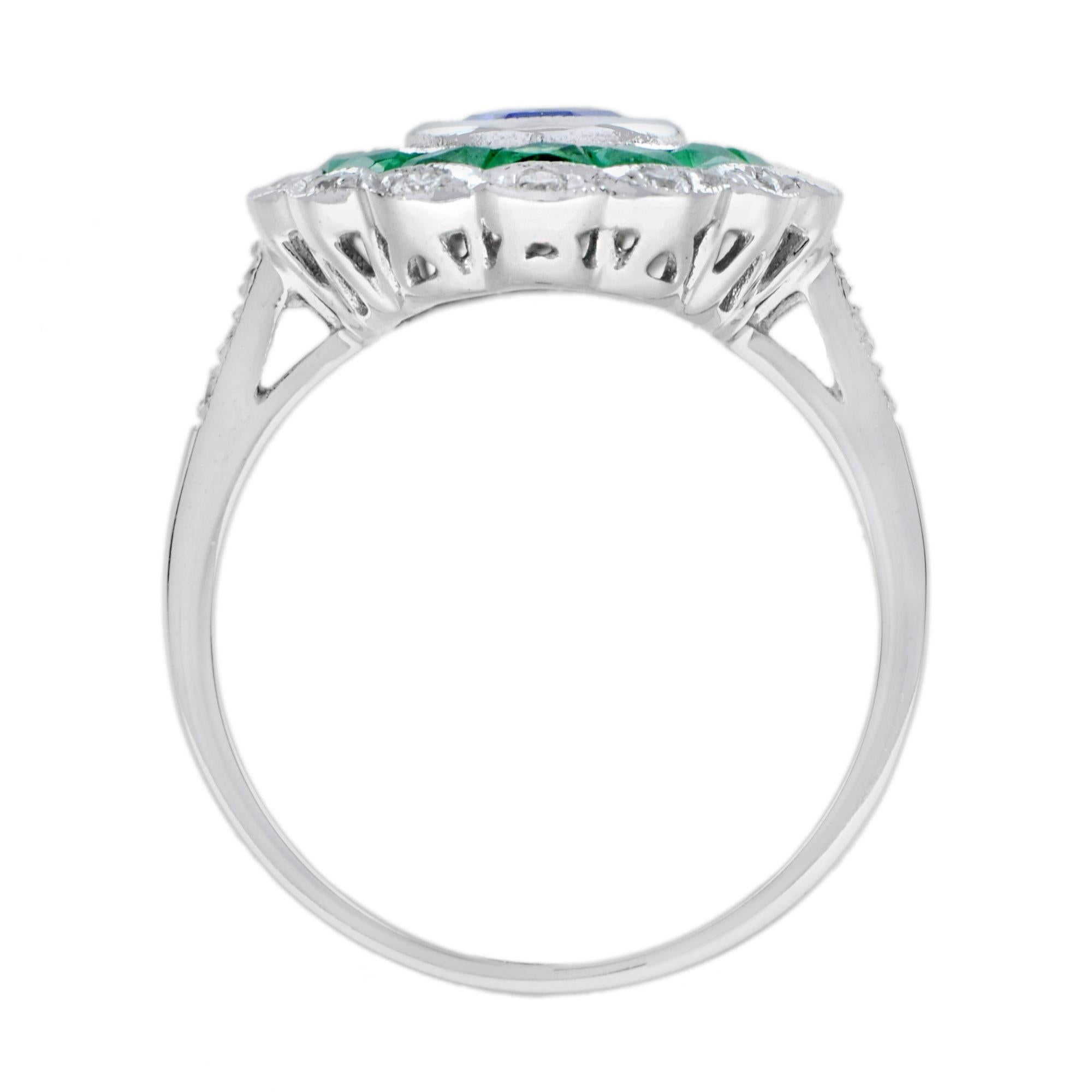 Oval Ceylon Sapphire with Emerald Diamond Art Deco Style Halo Ring in White Gold For Sale 1