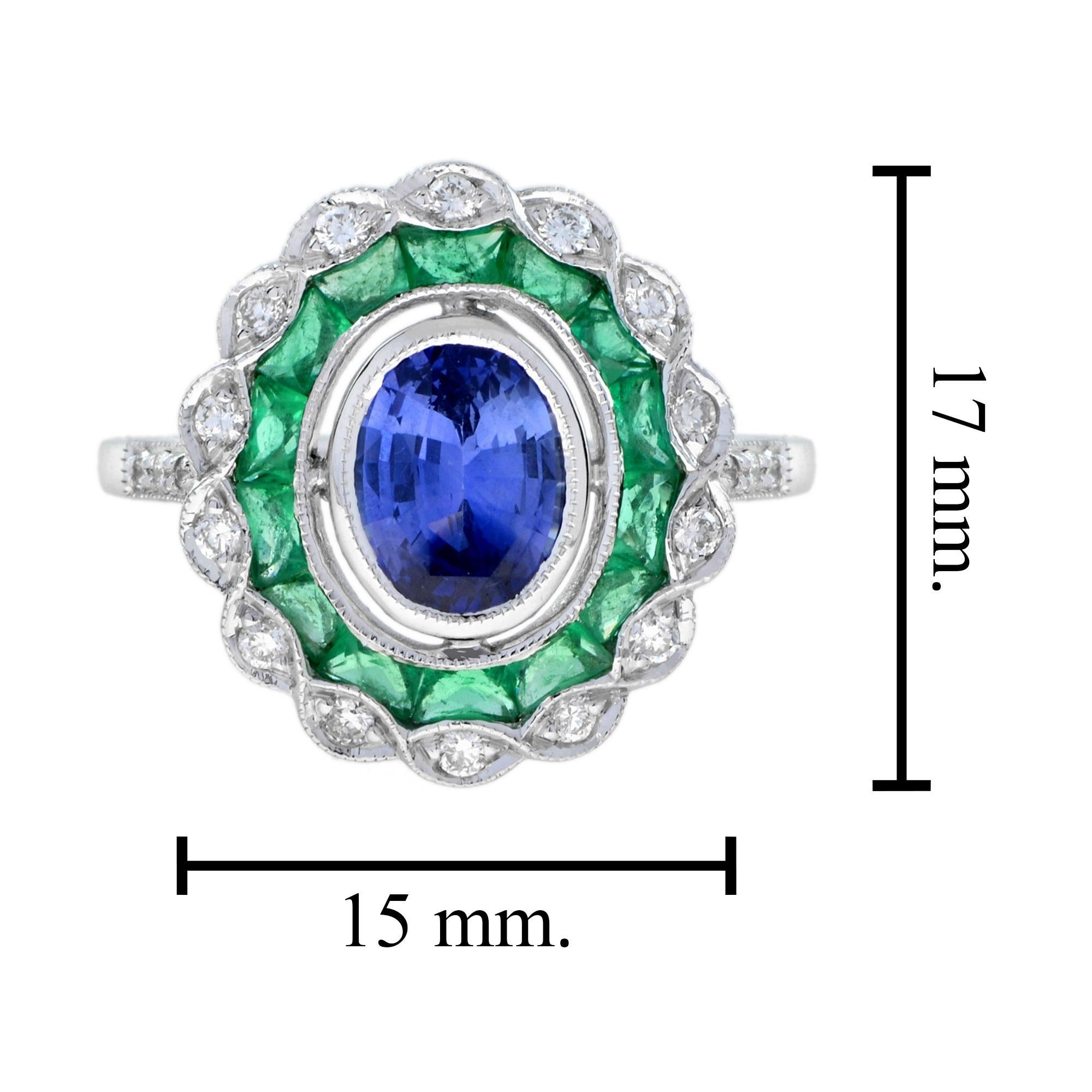 Oval Ceylon Sapphire with Emerald Diamond Art Deco Style Halo Ring in White Gold For Sale 2