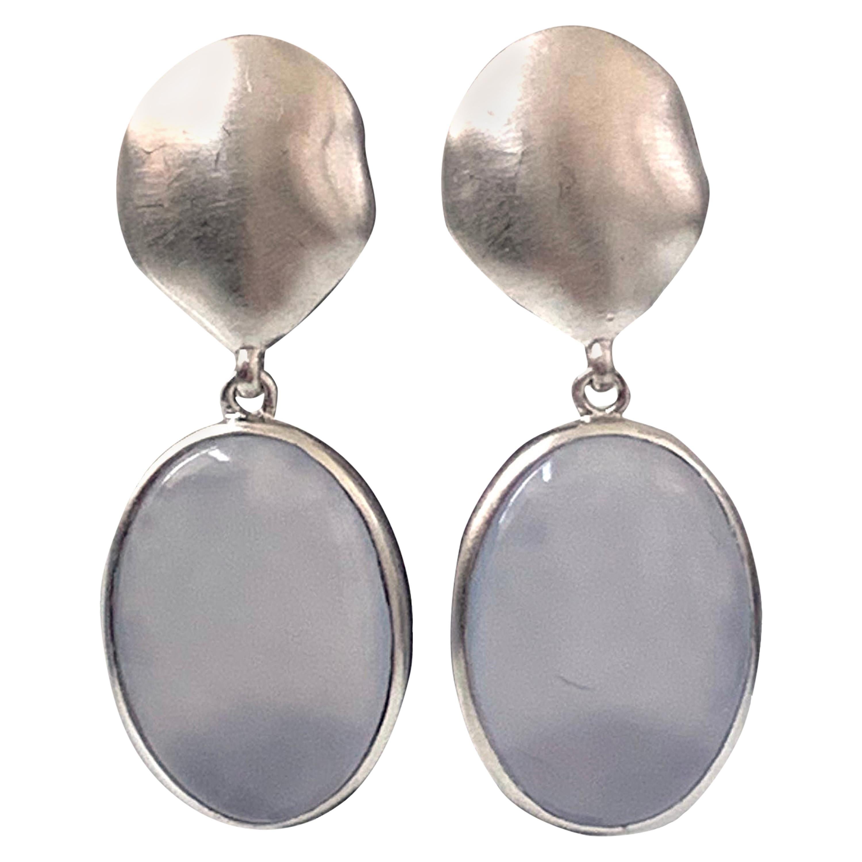 Oval Cabochon Chalcedony Drop Sterling Silver Earrings For Sale