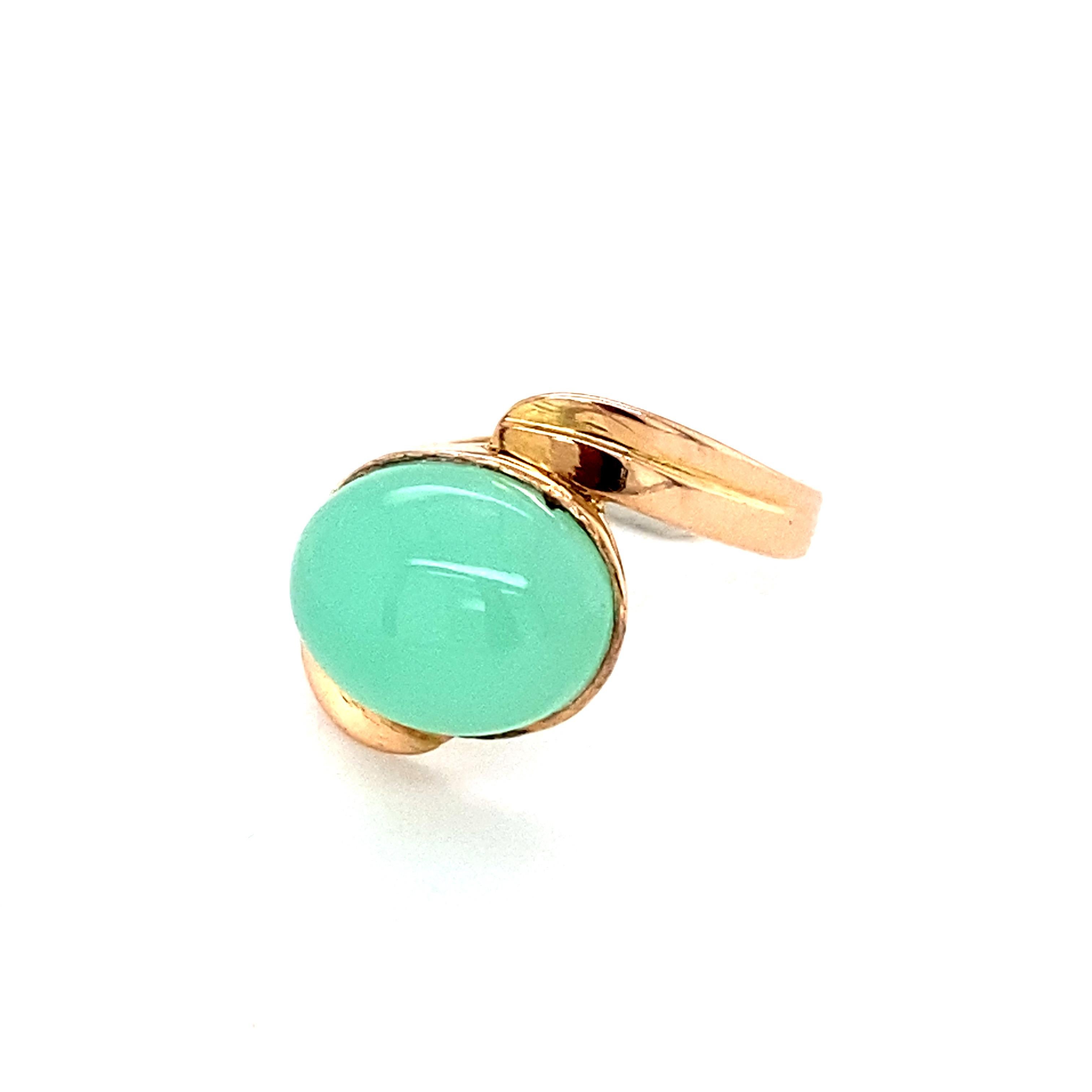 Artisan Oval Chalcedony Yellow Gold Solitaire Ring For Sale