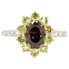 Oval Champagne Natural Diamond Floral Ring in 18k Solid Gold (Certified)
