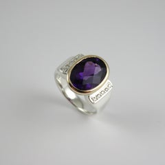 Oval Checkerboard Amethyst and Diamond Silver and 9k Yellow Gold Ring