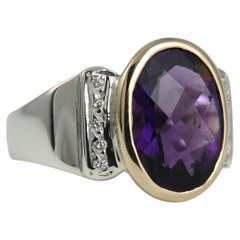 Oval Checkerboard Amethyst and Diamond Silver and 9k Yellow Gold Ring
