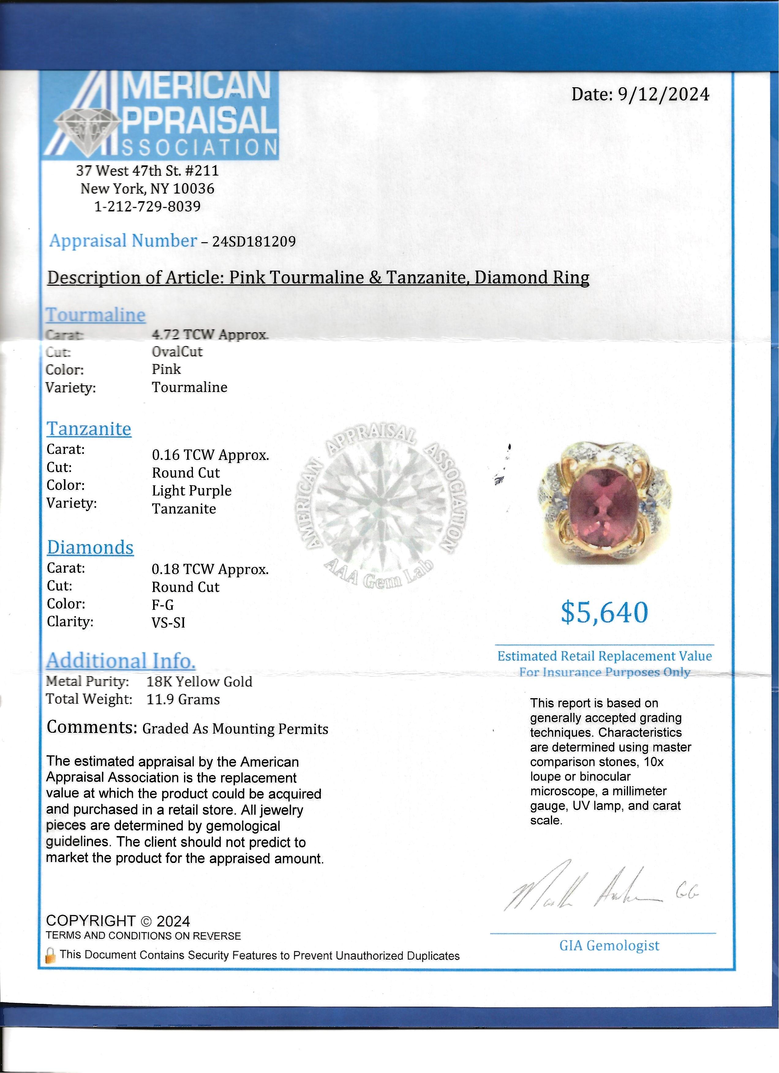 Bague ovale en or 18 carats avec tourmaline rose, tanzanite et diamant en vente 5