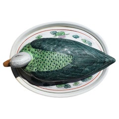 Oval Chinoiserie Ceramic Duck Tureen with Floral Motif in Green Pink and Blue