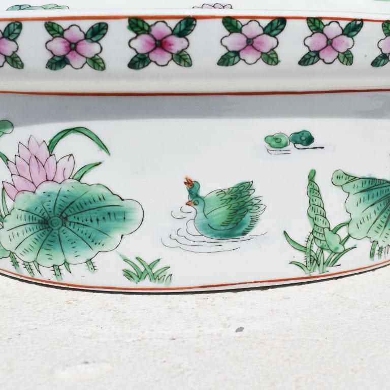 Chinese Oval Chinoiserie Ceramic Duck Tureen with Floral Motif in Green Pink and Blue