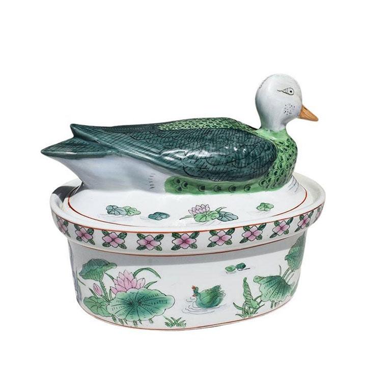 Oval Chinoiserie Ceramic Duck Tureen with Floral Motif in Green Pink and Blue In Good Condition In Oklahoma City, OK