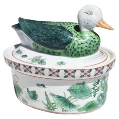 Vintage Oval Chinoiserie Ceramic Duck Tureen with Floral Motif in Green Pink and Blue