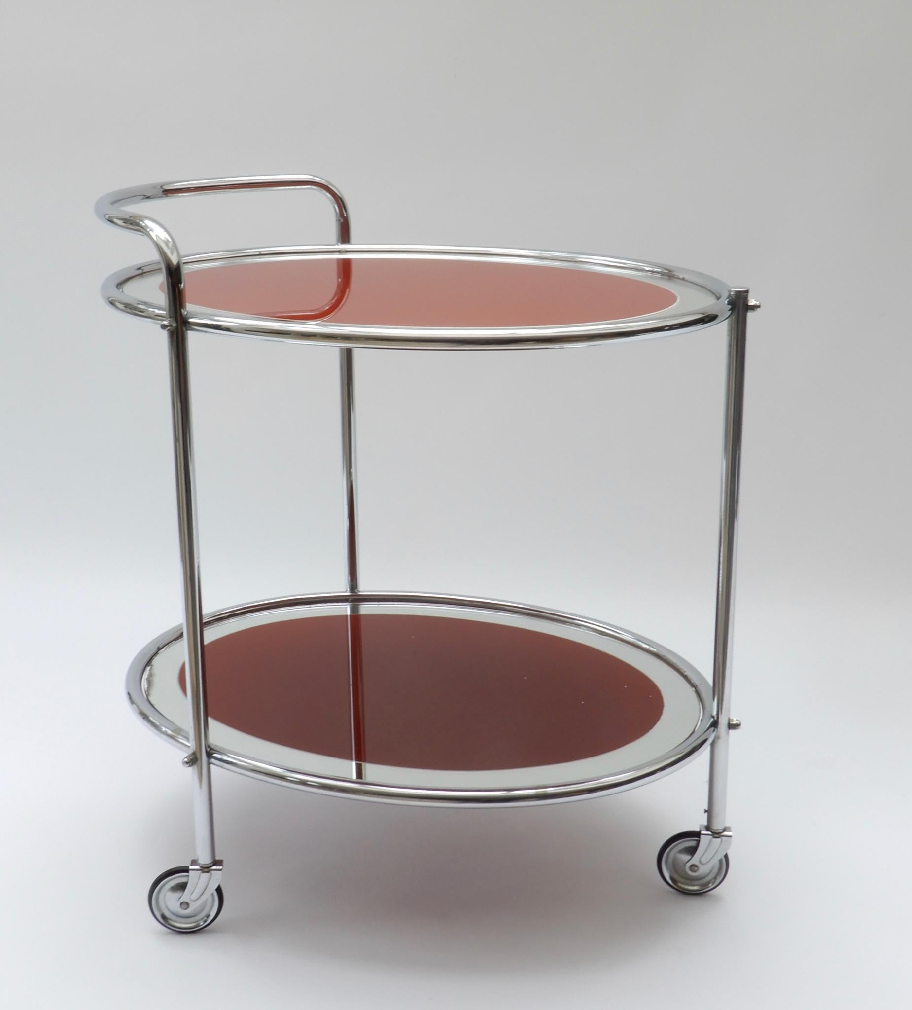 Oval Chrome and Rust Glass Mirrored Bar Cart, 1950s For Sale 5