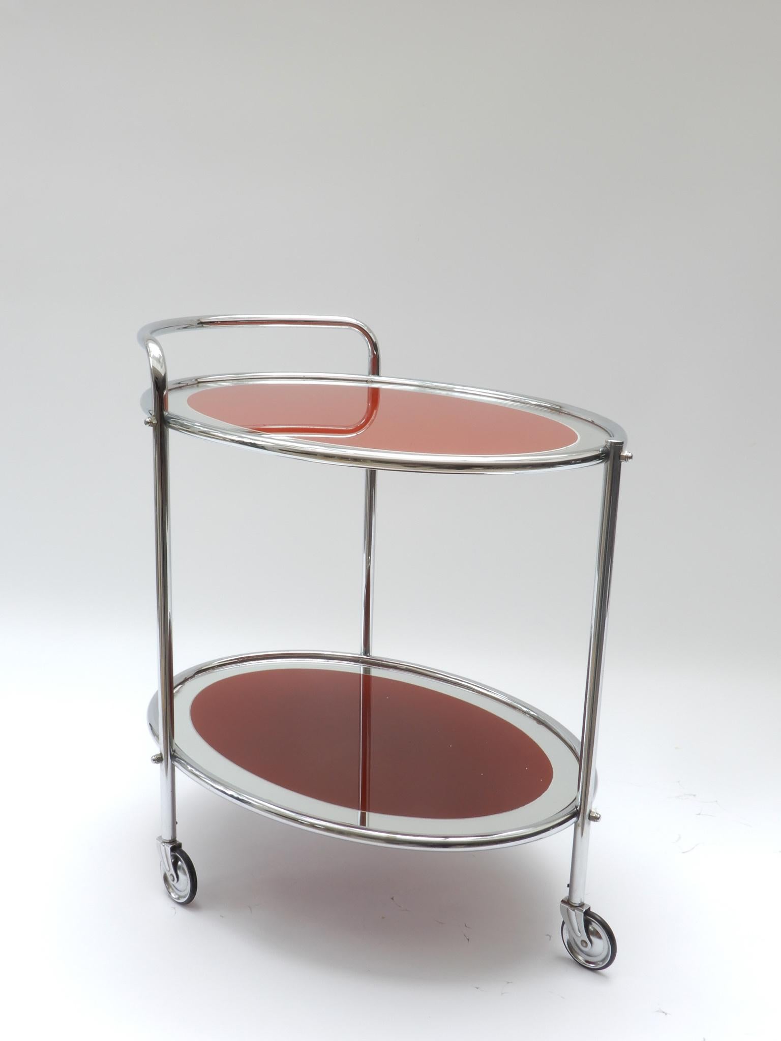 Oval Chrome and Rust Glass Mirrored Bar Cart, 1950s For Sale 6