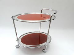 Oval Chrome and Rust Glass Mirrored Bar Cart, 1950s