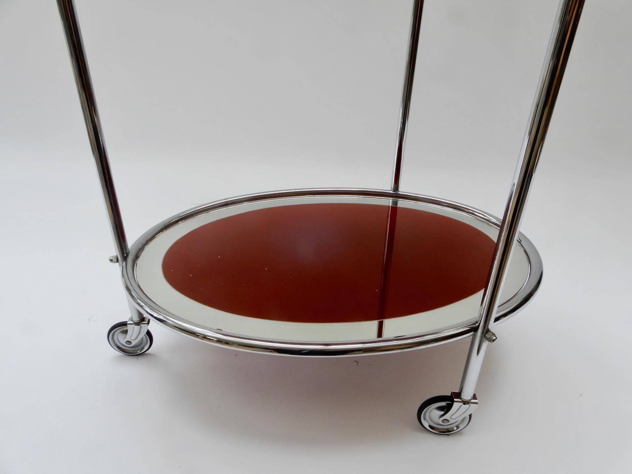Mid-Century Modern Oval Chrome and Rust Glass Mirrored Bar Cart, 1950s For Sale