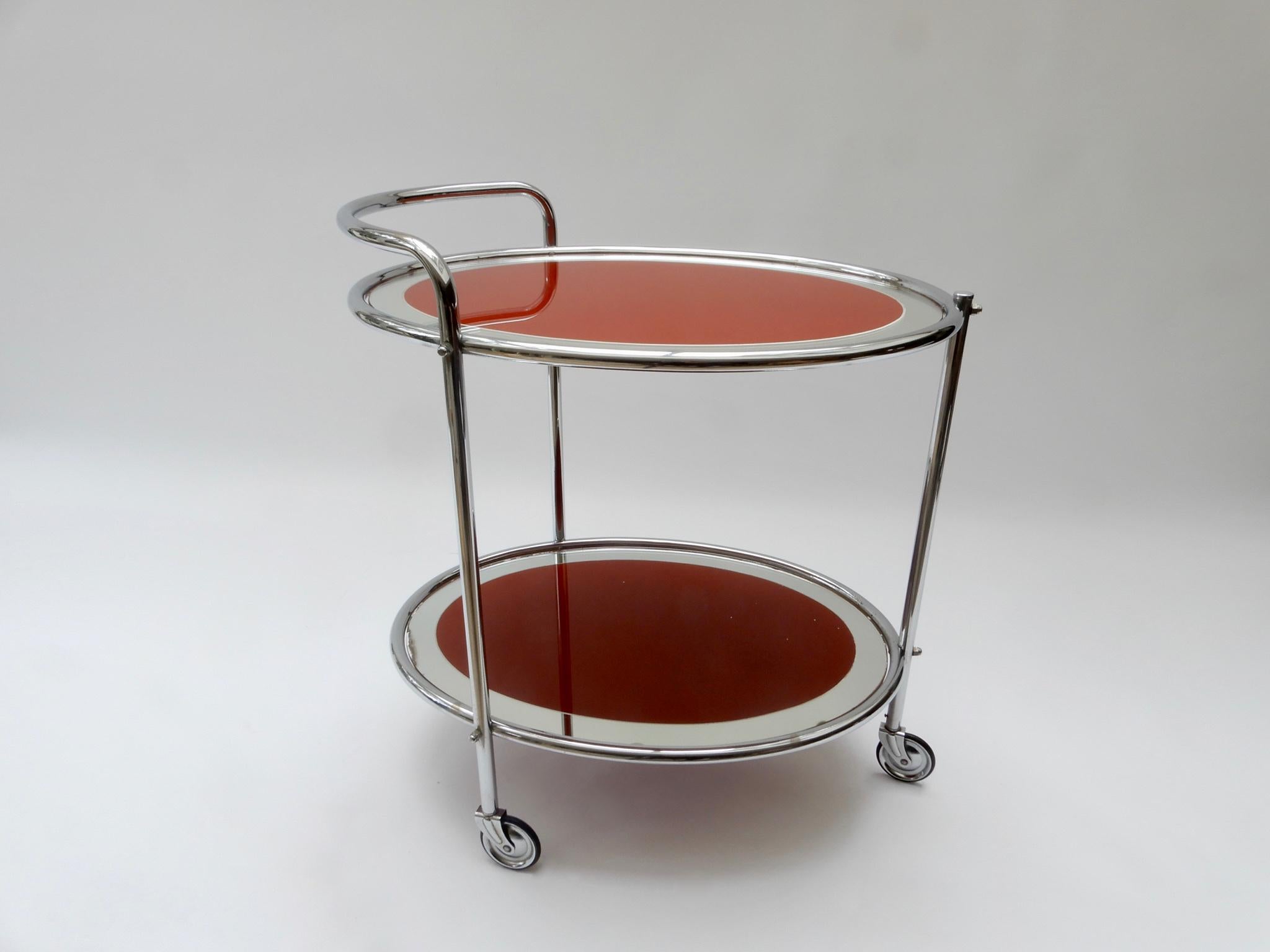 Mid-20th Century Oval Chrome and Rust Glass Mirrored Bar Cart, 1950s For Sale