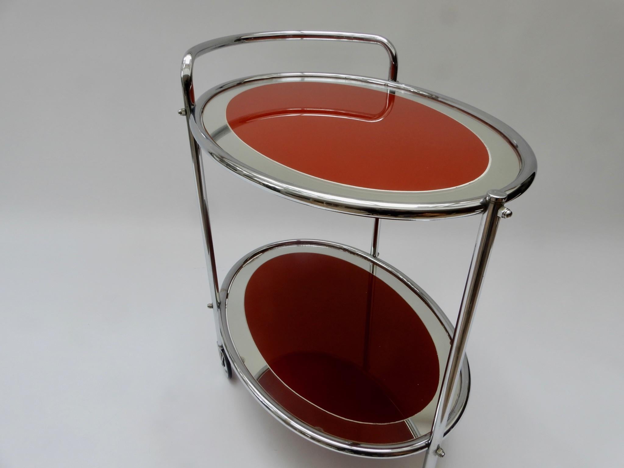 Oval Chrome and Rust Glass Mirrored Bar Cart, 1950s For Sale 1