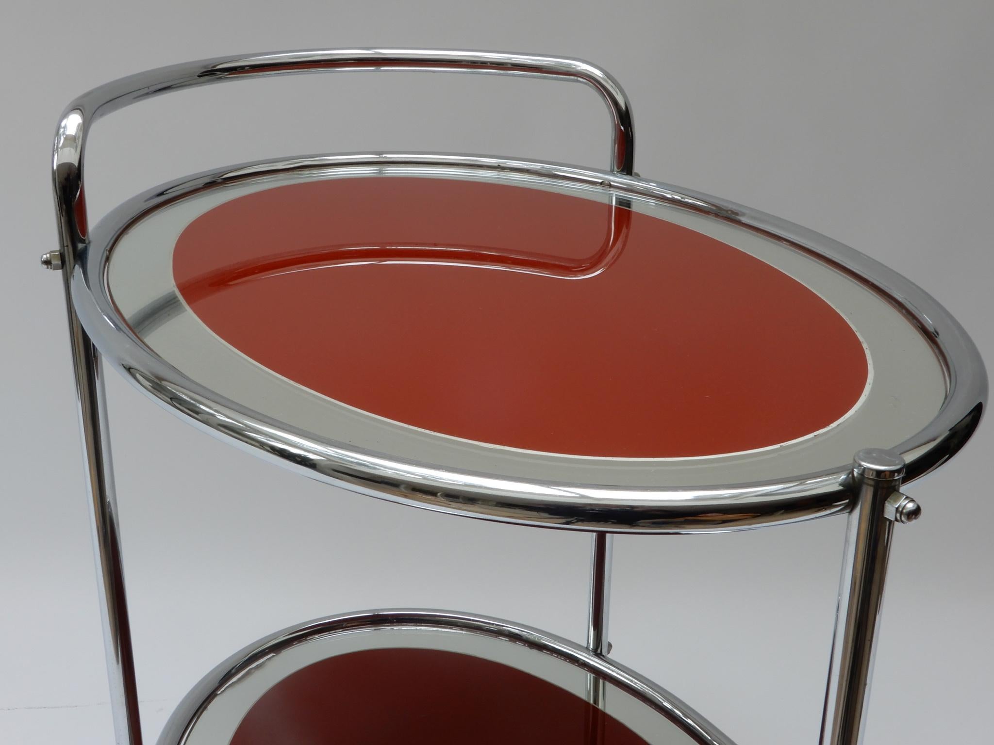Oval Chrome and Rust Glass Mirrored Bar Cart, 1950s For Sale 2