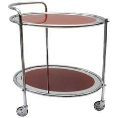 Oval Chrome and Rust Glass Mirrored Bar Cart, 1950s