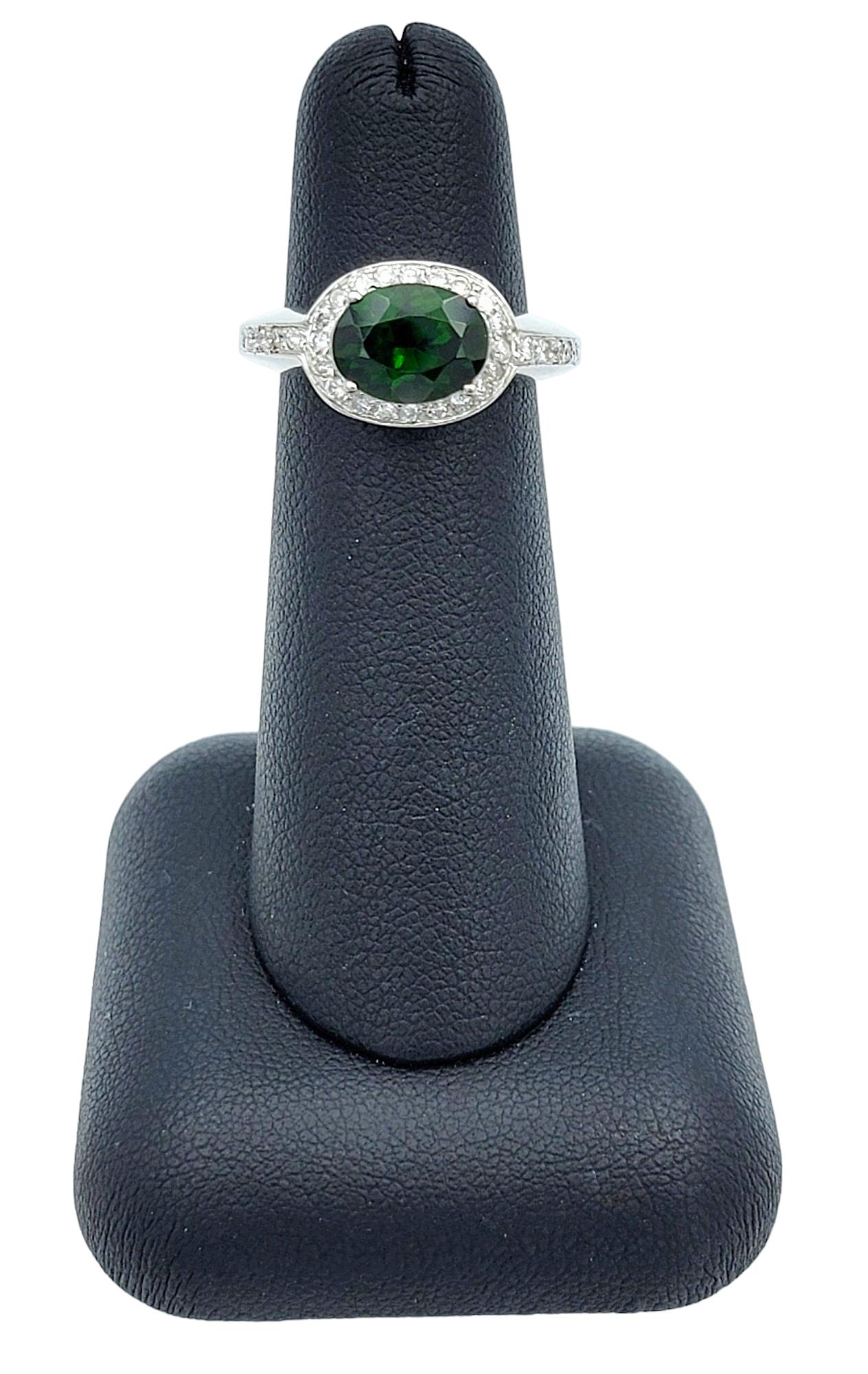 Oval Chrome Diopside and Pavé Diamond Halo Cocktail Ring in 14 Karat White Gold For Sale 4