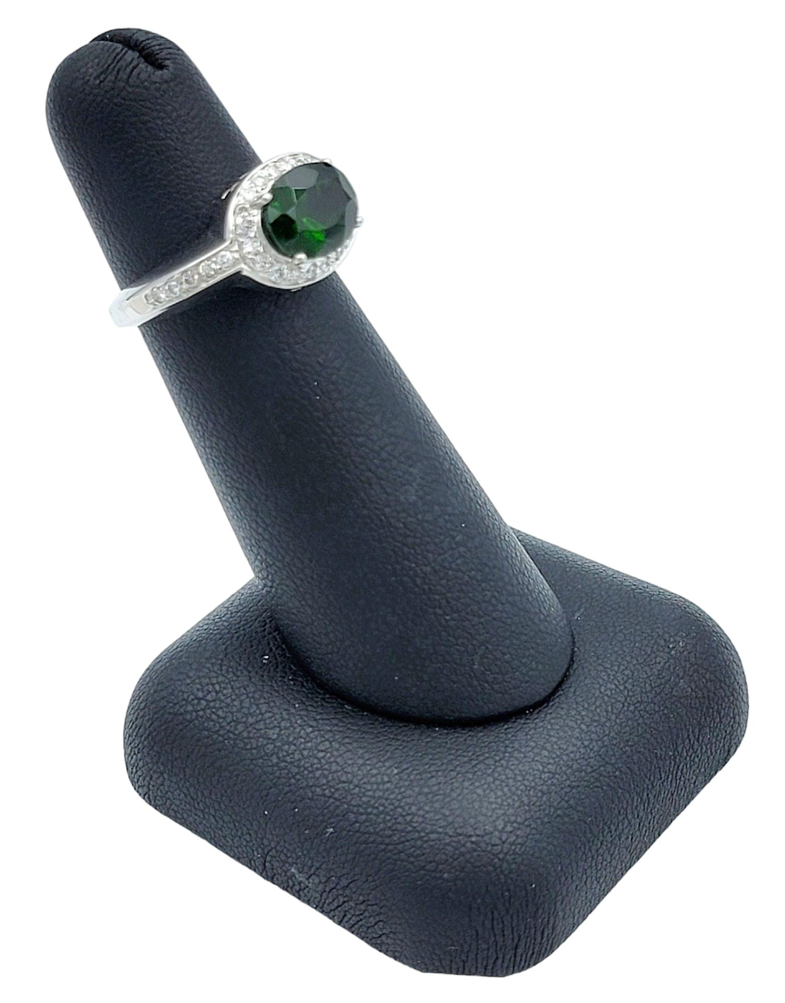 Oval Chrome Diopside and Pavé Diamond Halo Cocktail Ring in 14 Karat White Gold For Sale 5