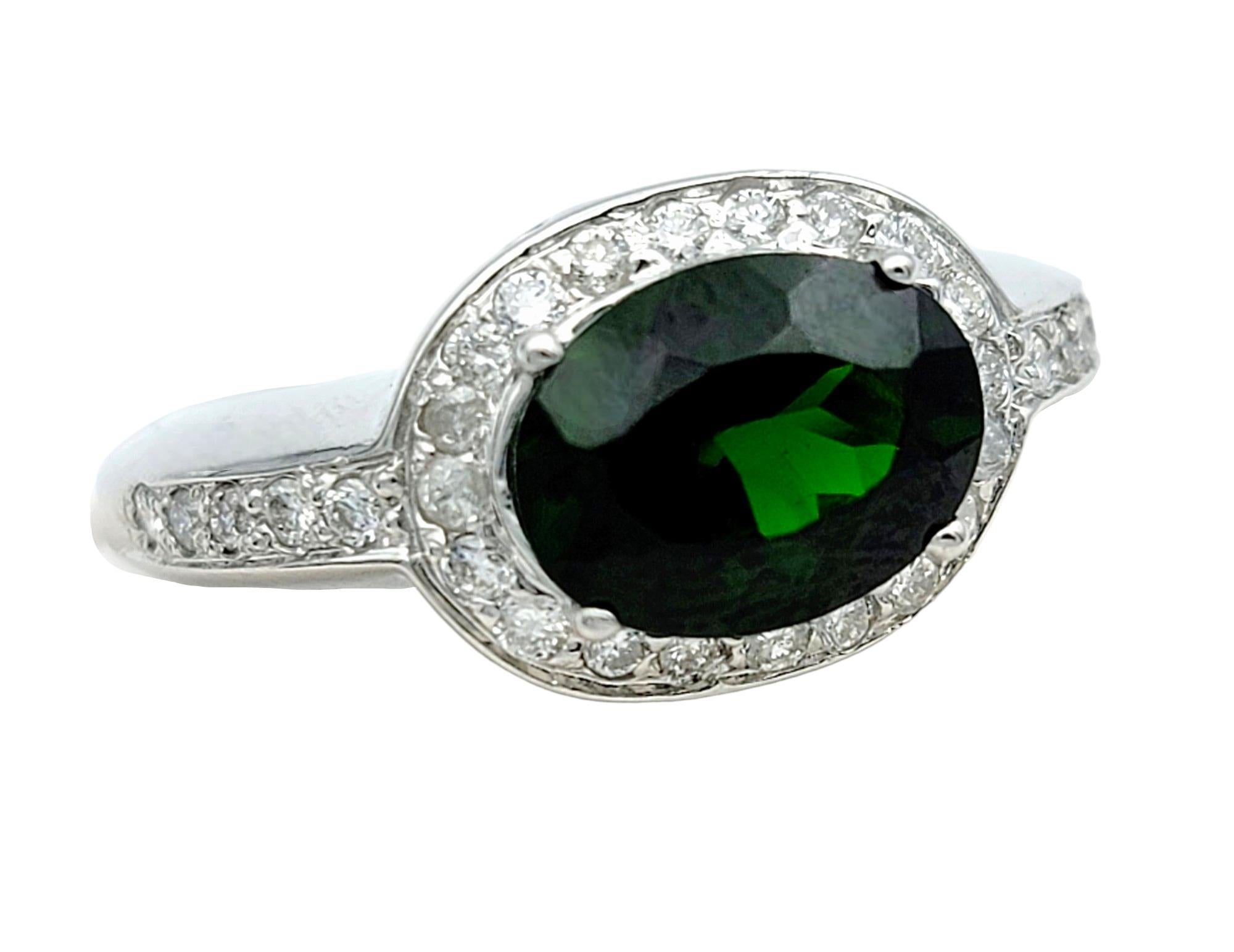 Contemporary Oval Chrome Diopside and Pavé Diamond Halo Cocktail Ring in 14 Karat White Gold For Sale
