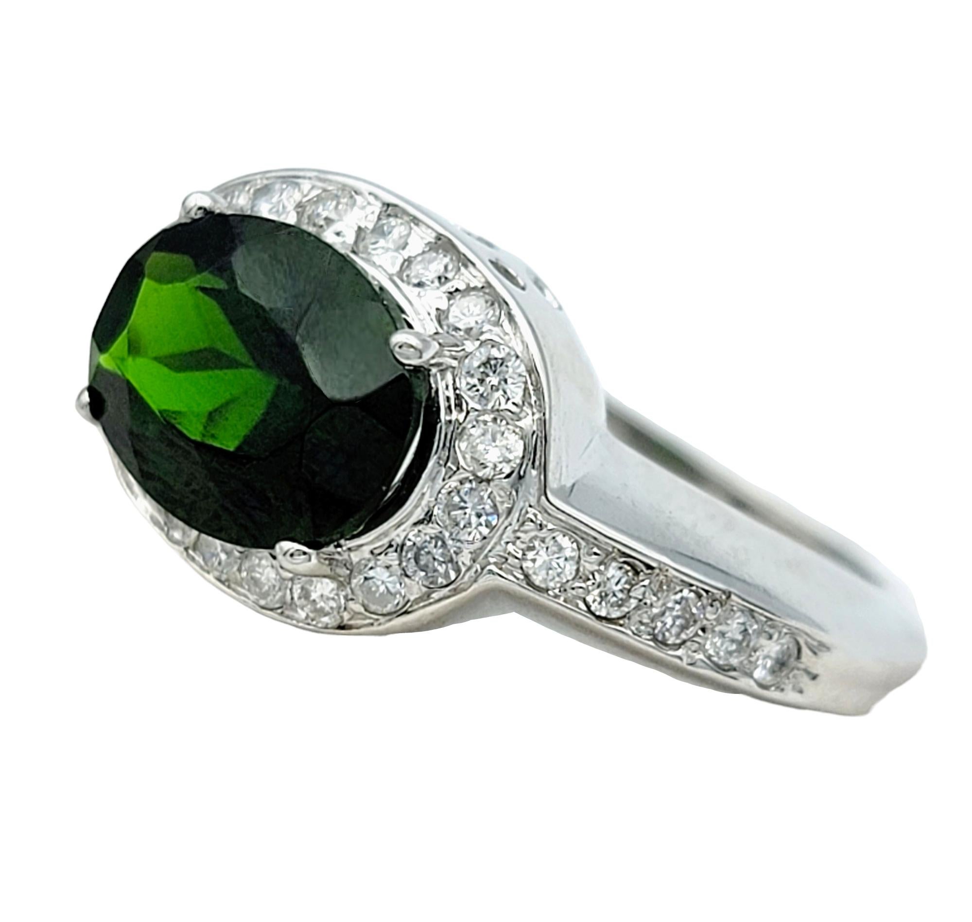 Oval Cut Oval Chrome Diopside and Pavé Diamond Halo Cocktail Ring in 14 Karat White Gold For Sale