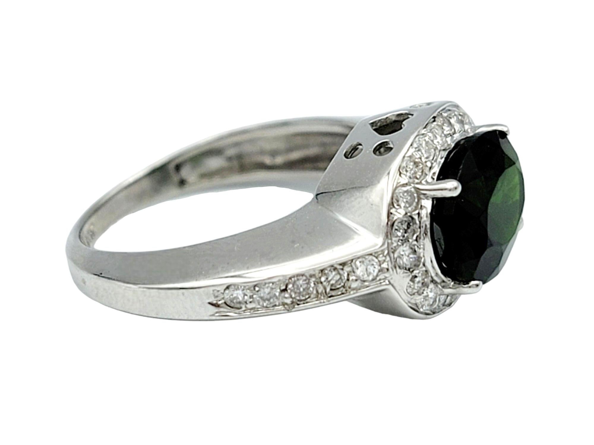 Women's Oval Chrome Diopside and Pavé Diamond Halo Cocktail Ring in 14 Karat White Gold For Sale