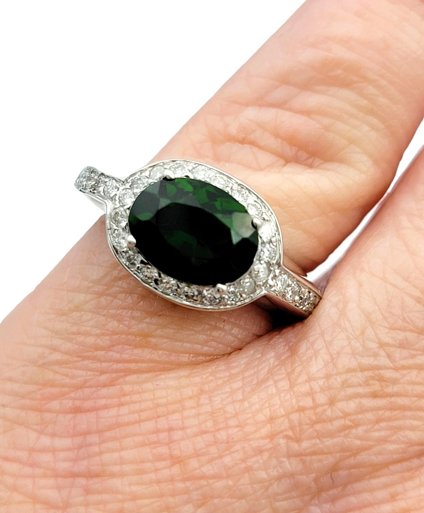 Oval Chrome Diopside and Pavé Diamond Halo Cocktail Ring in 14 Karat White Gold For Sale 3