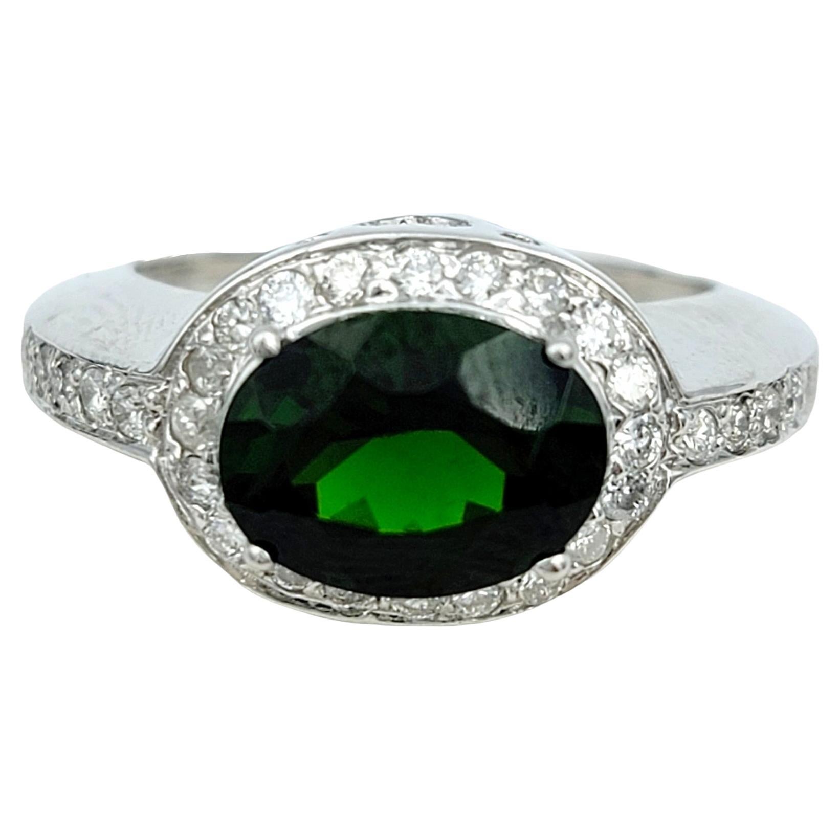 Oval Chrome Diopside and Pavé Diamond Halo Cocktail Ring in 14 Karat White Gold For Sale