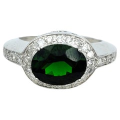 Oval Chrome Diopside and Pavé Diamond Halo Cocktail Ring in 14 Karat White Gold