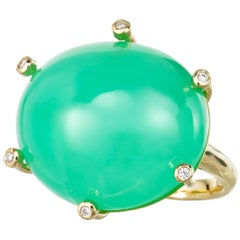Joon Han Oval Chrysoprase and Diamond 18 Karat Gold Solitaire Cocktail Ring