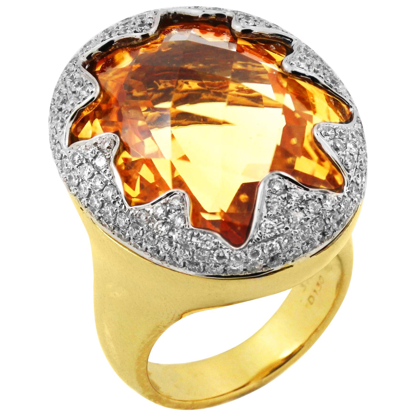 Oval Citrine 18 Karat Yellow Gold and Diamond Large Cocktail Ring For Sale