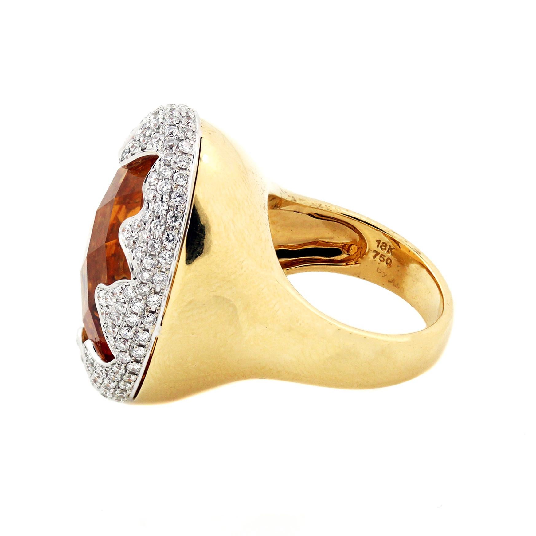 Oval Cut Oval Citrine 18 Karat Yellow Gold and Diamond Large Cocktail Ring For Sale