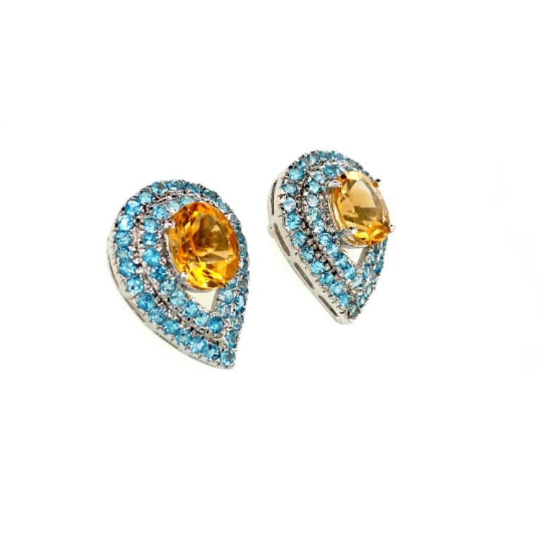 Modern Oval Citrine & Blue Topaz Reversed Pear Stud Earrings for Mom in Sterling Silver For Sale