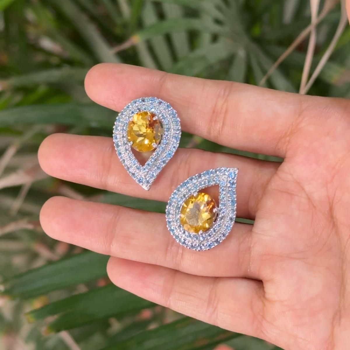 Mixed Cut Oval Citrine & Blue Topaz Reversed Pear Stud Earrings for Mom in Sterling Silver For Sale
