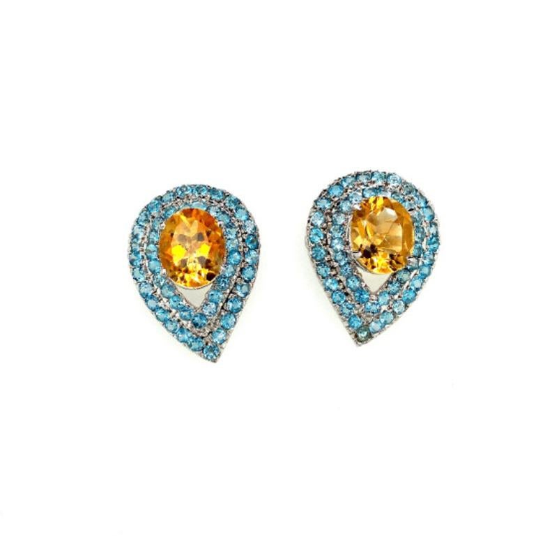 Oval Citrine & Blue Topaz Reversed Pear Stud Earrings for Mom in Sterling Silver In New Condition For Sale In New York, NY
