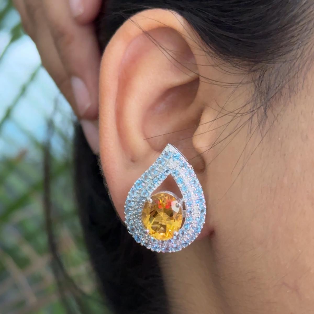 Women's Oval Citrine & Blue Topaz Reversed Pear Stud Earrings for Mom in Sterling Silver For Sale
