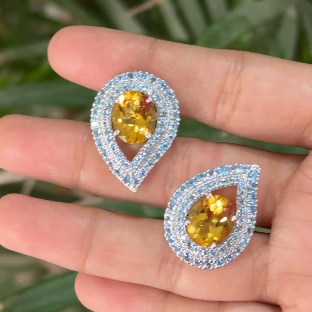 Oval Citrine & Blue Topaz Reversed Pear Stud Earrings for Mom in Sterling Silver For Sale 2